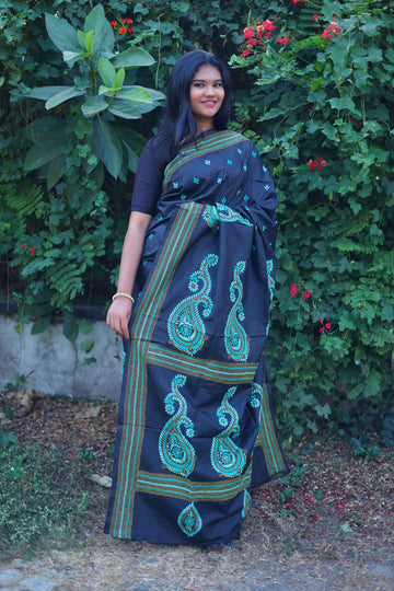 Kantha Work on Katan Silk Saree