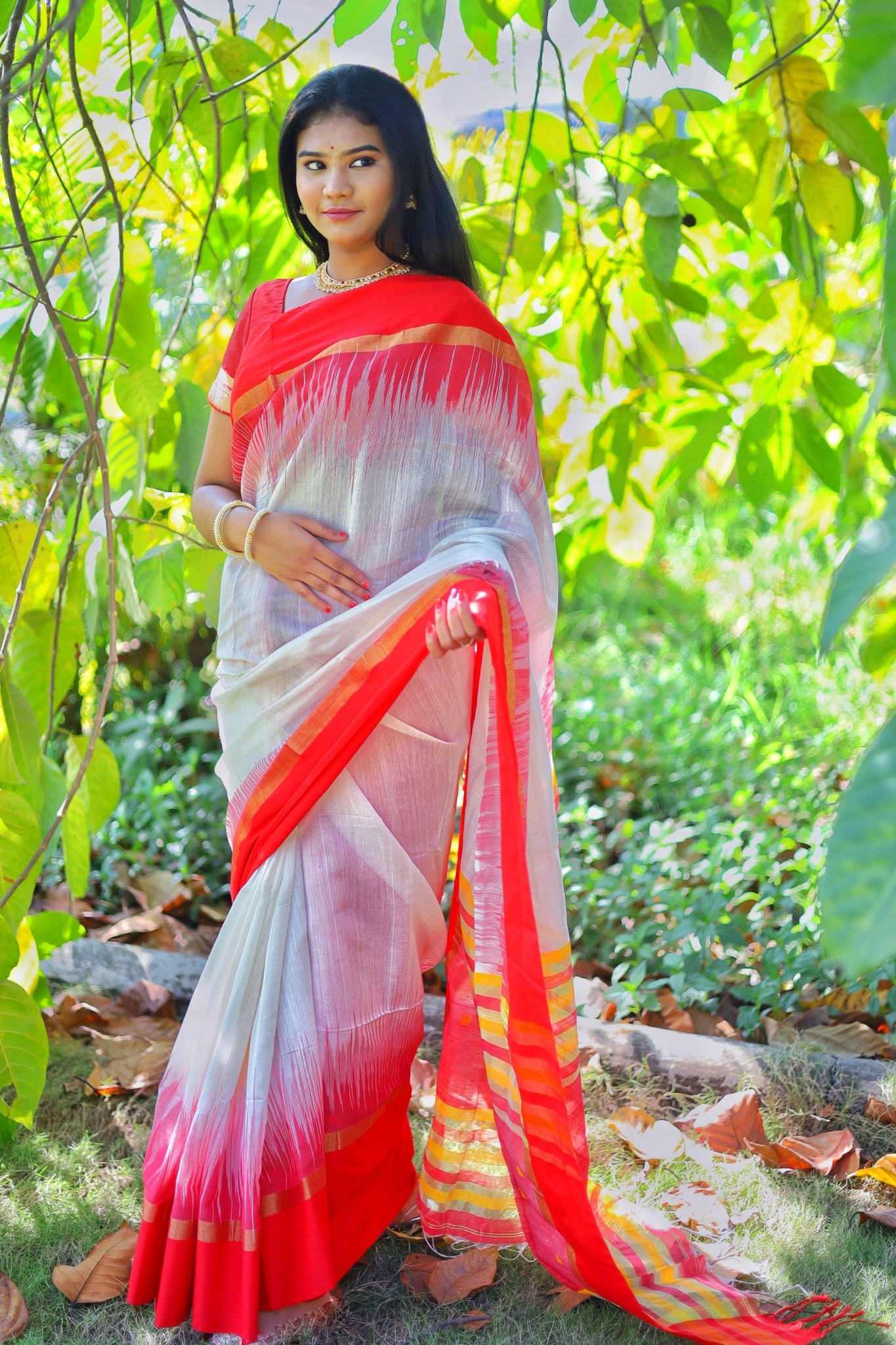 White Saree with Red Temple Border