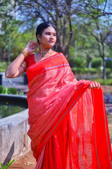 Handwoven Red Bordered Bengal Handloom Saree