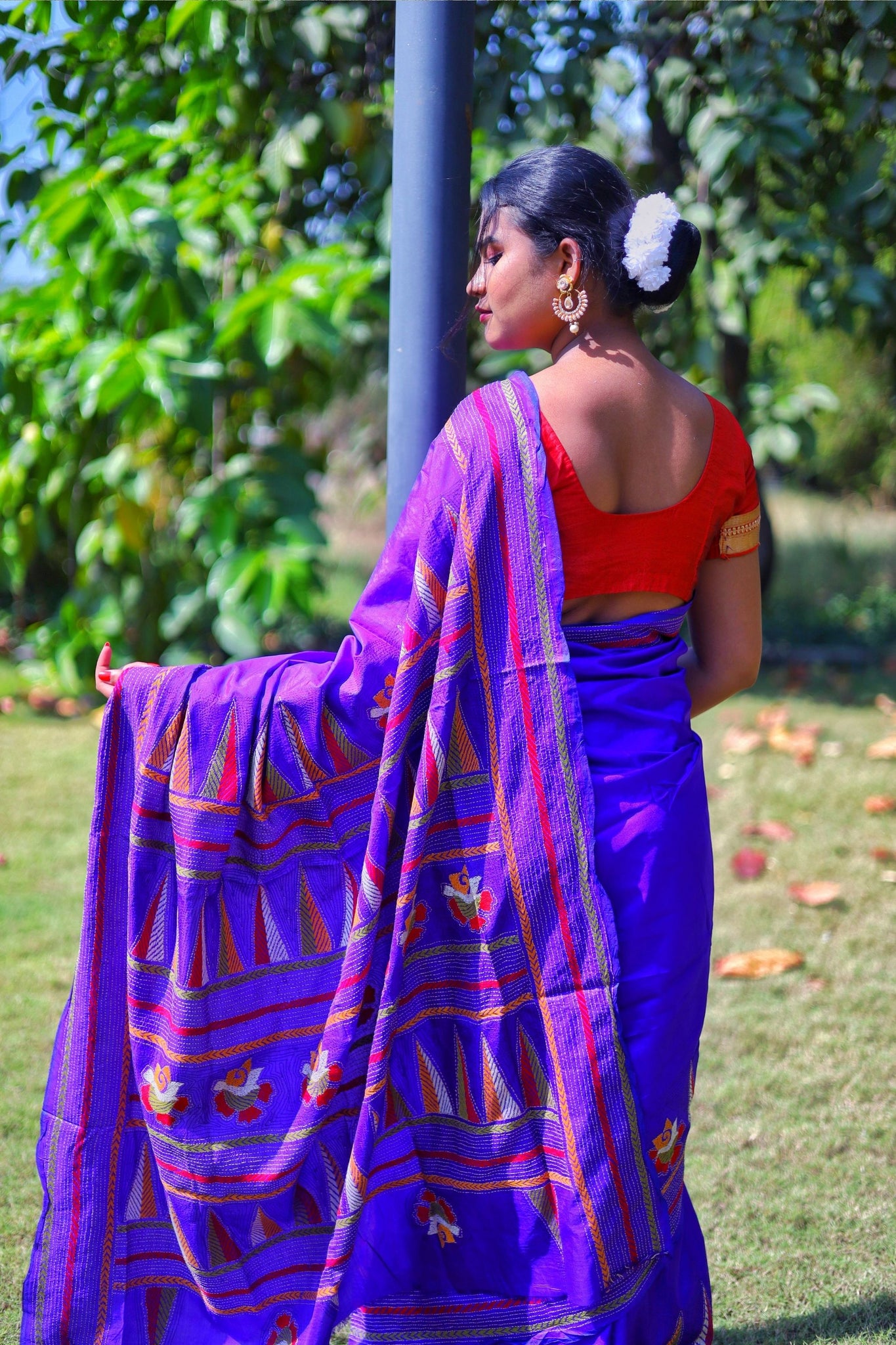 Purple Kantha Work on Katan Silk Saree