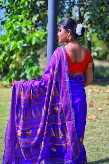 Purple Kantha Work on Katan Silk Saree