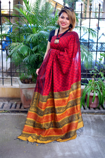 Elegant Maroon Red Cotton Bengal Handloom Saree