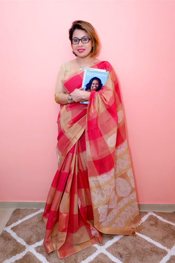 Beige & Pink Check Cotton Kanjeevaram Saree
