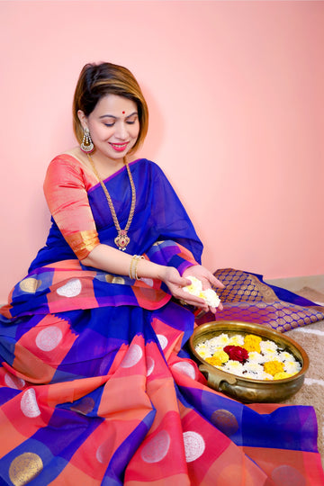 Blue & Pink Check Cotton Kanjeevaram Saree